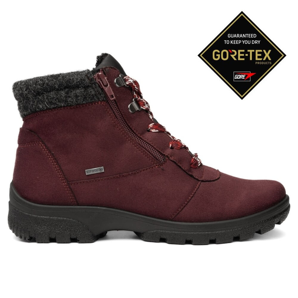 Ara burgundy suede ankle boot with a side zipper, red and white patterned laces, and a black sole, shown on a white background with a GORE-TEX waterproof badge in the top right.