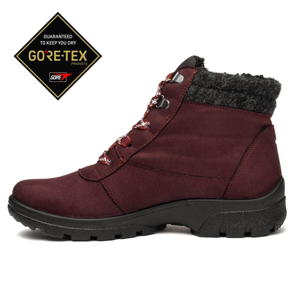 Ara burgundy GORE-TEX ankle boot with a black sole and a dark gray fuzzy collar, shown from a side profile on a white background with a GORE-TEX diamond badge in the top-left corner.