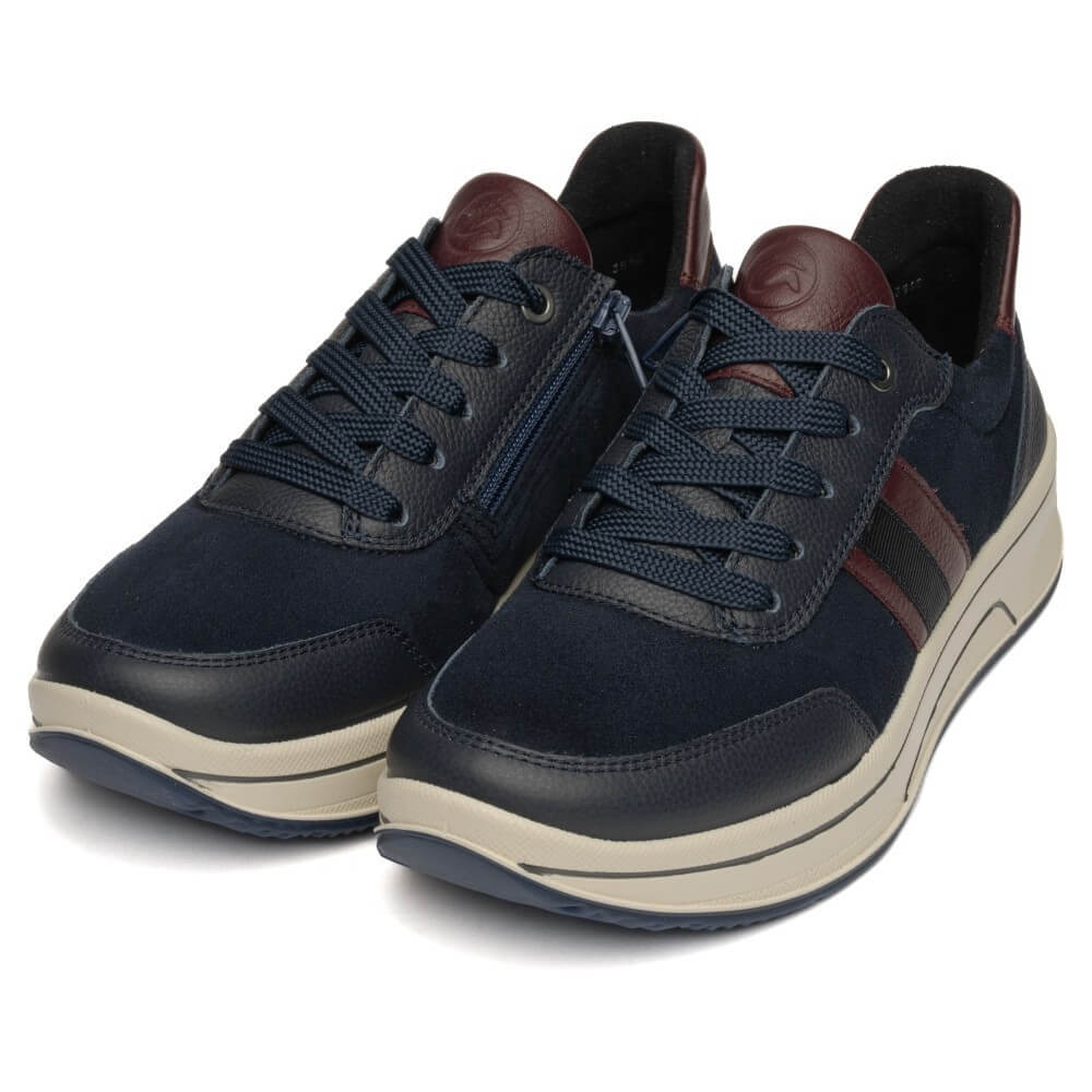 Ara Navy and wine leather trainers on a white background