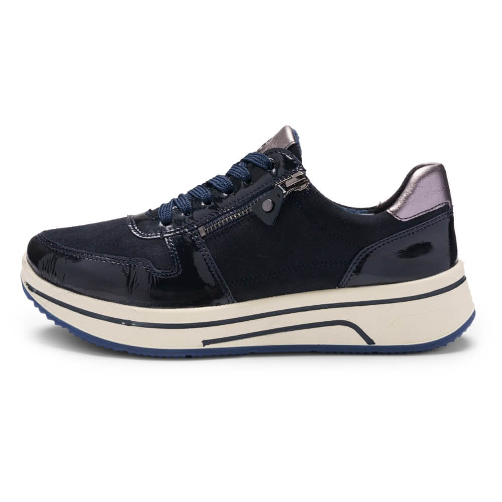 Navy blue sneaker laced with a zip and a white sole on a white background Ara Sapporo 3 Trainer 12-27540 H-Fit-NAVY COMBI
