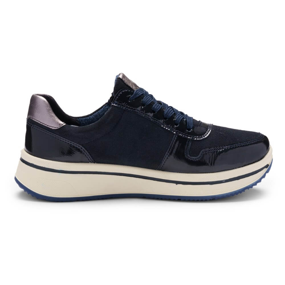 Navy blue sneaker laced with a zip and a white sole on a white background Ara Sapporo 3 Trainer 12-27540 H-Fit-NAVY COMBI