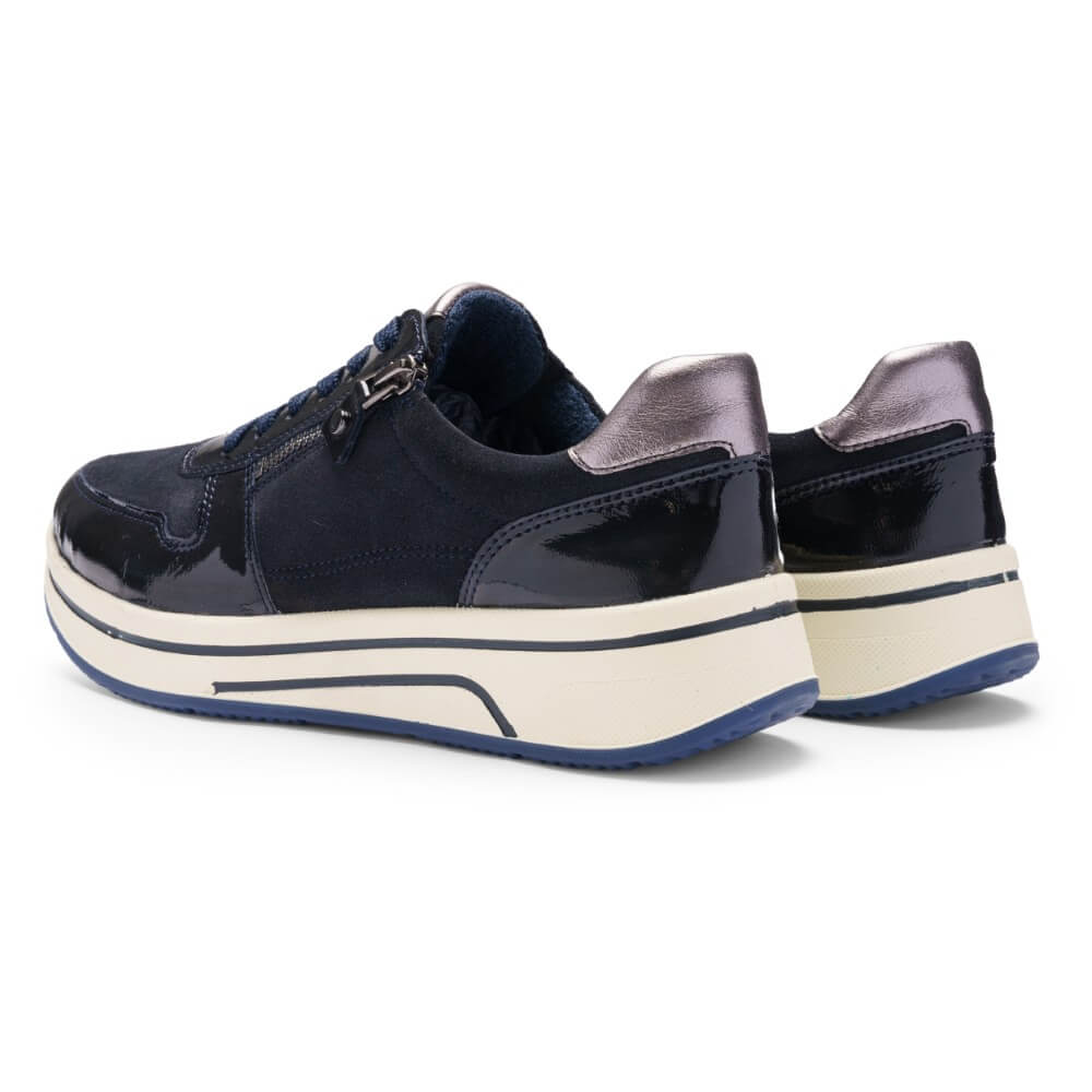 Navy blue sneaker laced with a zip and a white sole on a white background Ara Sapporo 3 Trainer 12-27540 H-Fit-NAVY COMBI