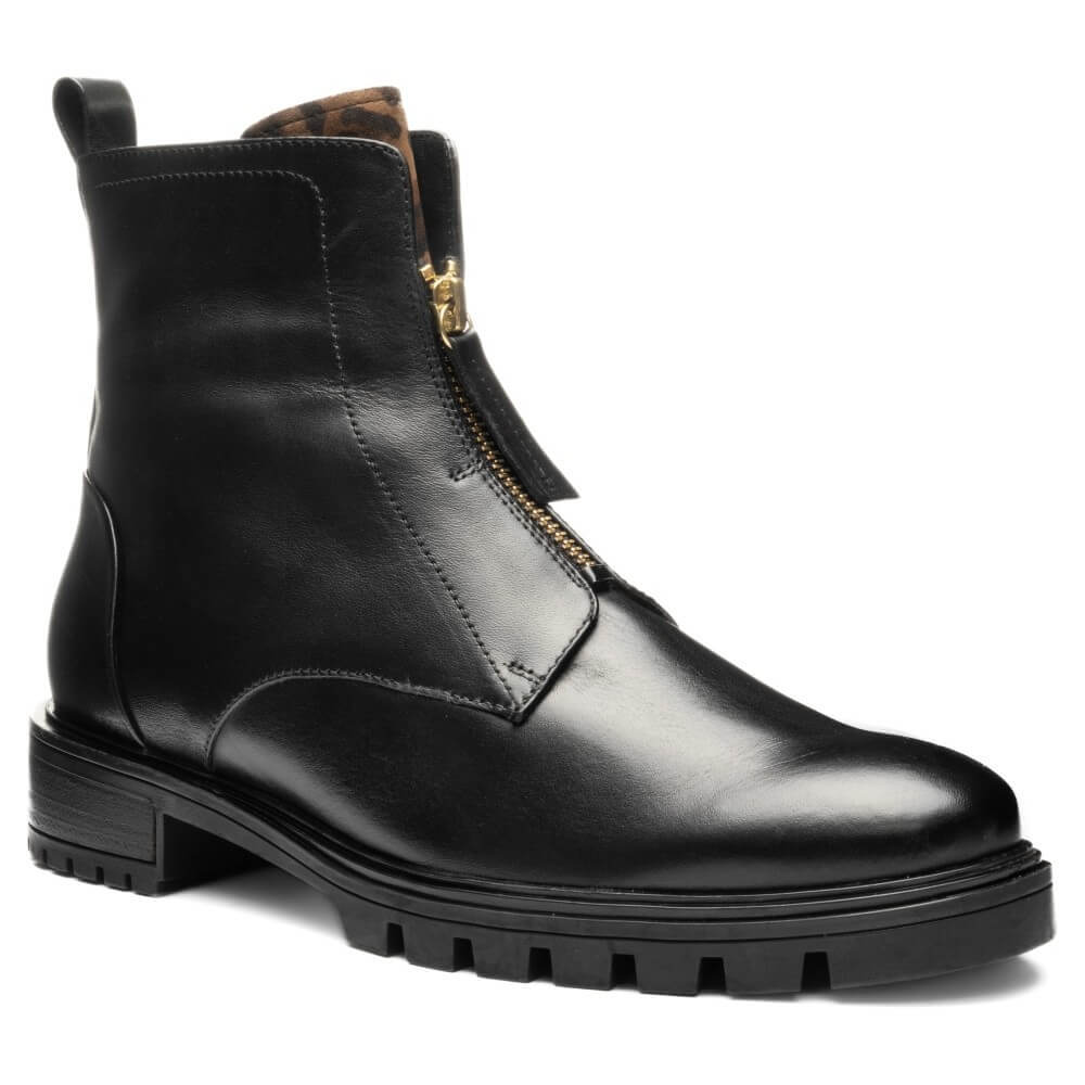 Ara black leather ankle boot with a side zipper, a pull tab, and a chunky lug sole, shown from a three-quarters angle on a white background.