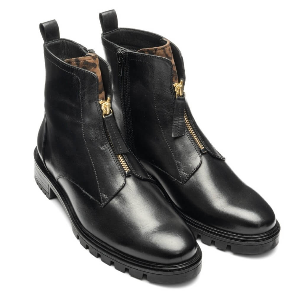 A pair of Ara  black leather ankle boots with gold-tone hardware, including a decorative zipper pull and a gold zipper, set against a plain white background.