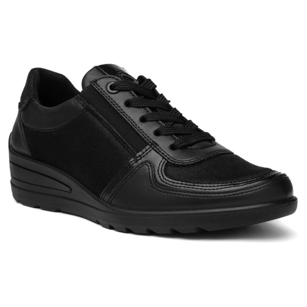 ara black leather wedge trainer on a white background