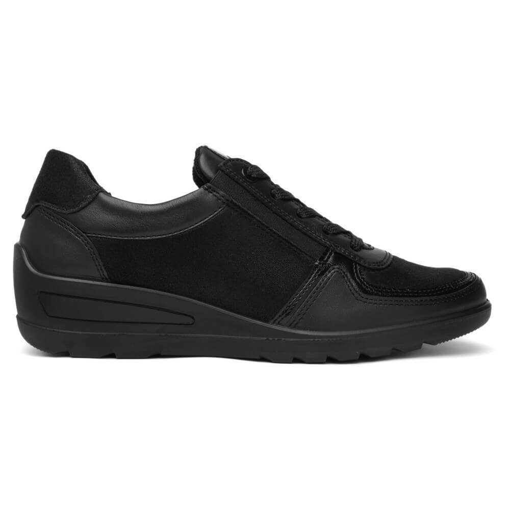 ara black leather wedge trainer on a white background