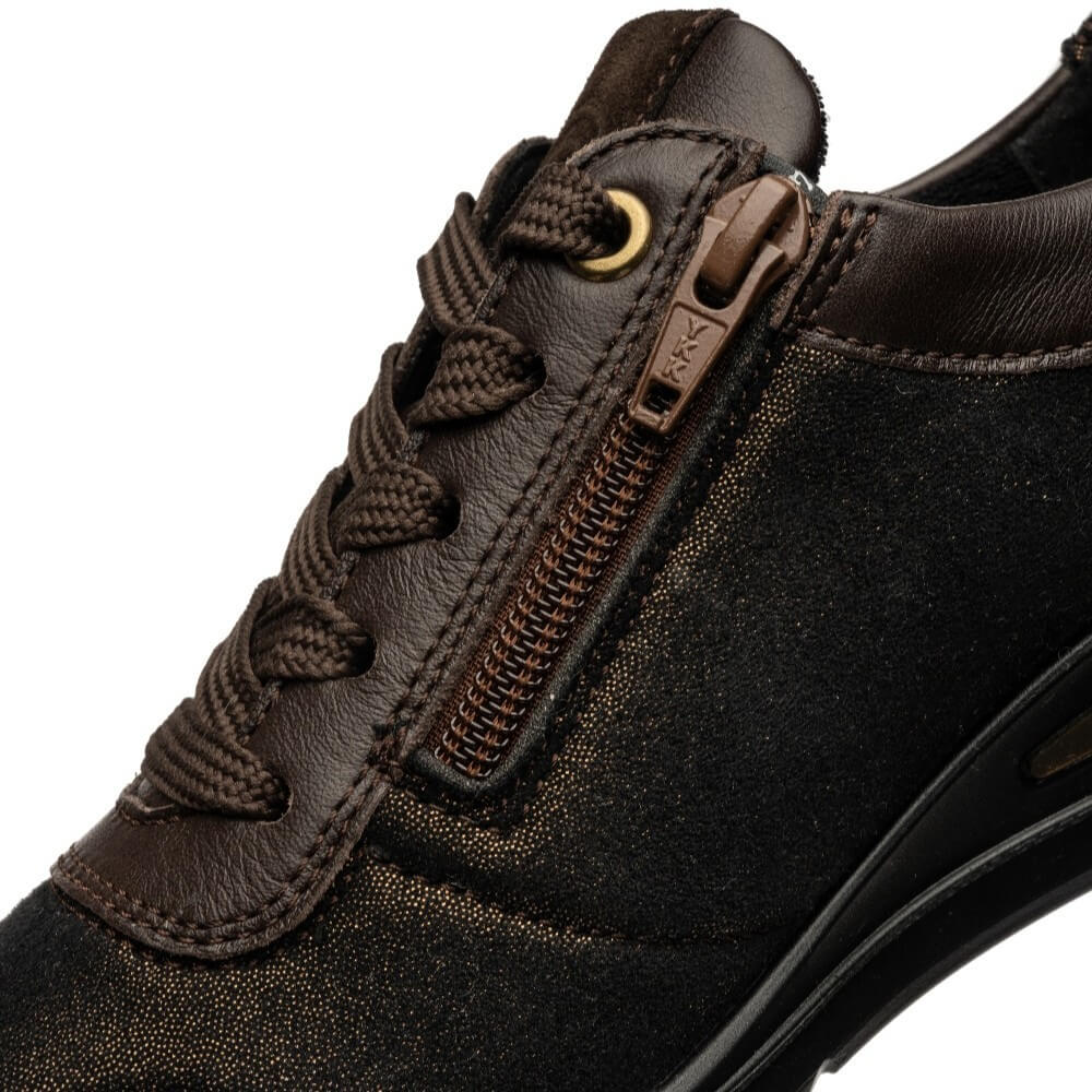 Close-up of an ara brown shoe with lace-up and zip design on a white background
