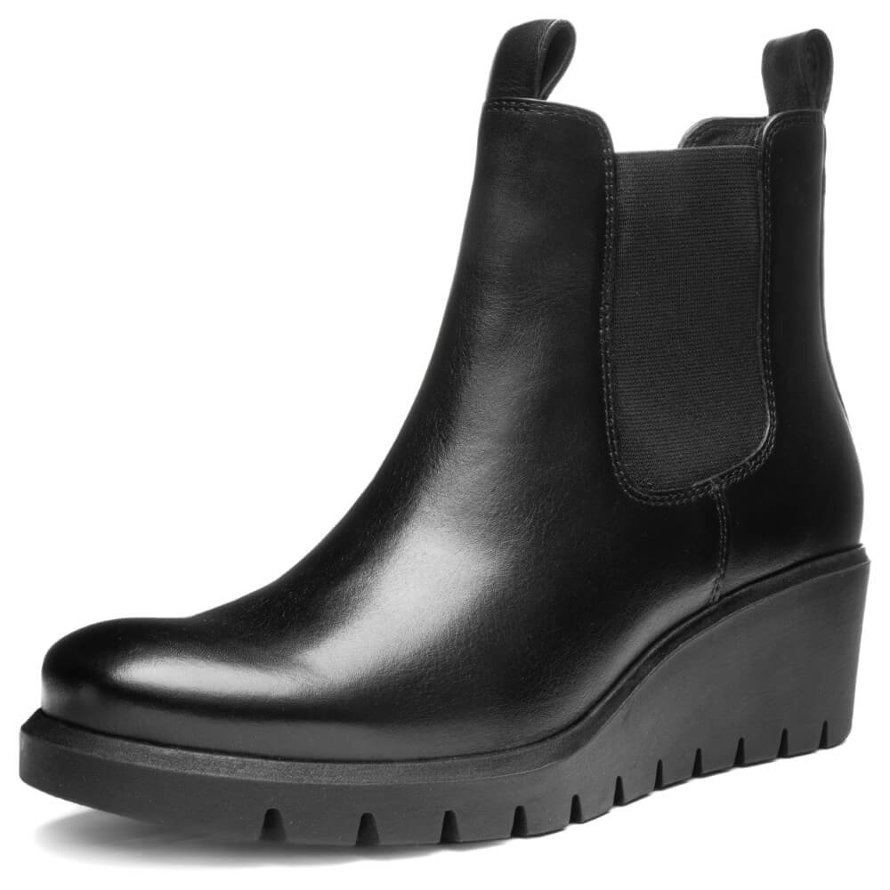 Black leather ankle boot with a wedge sole on a white background