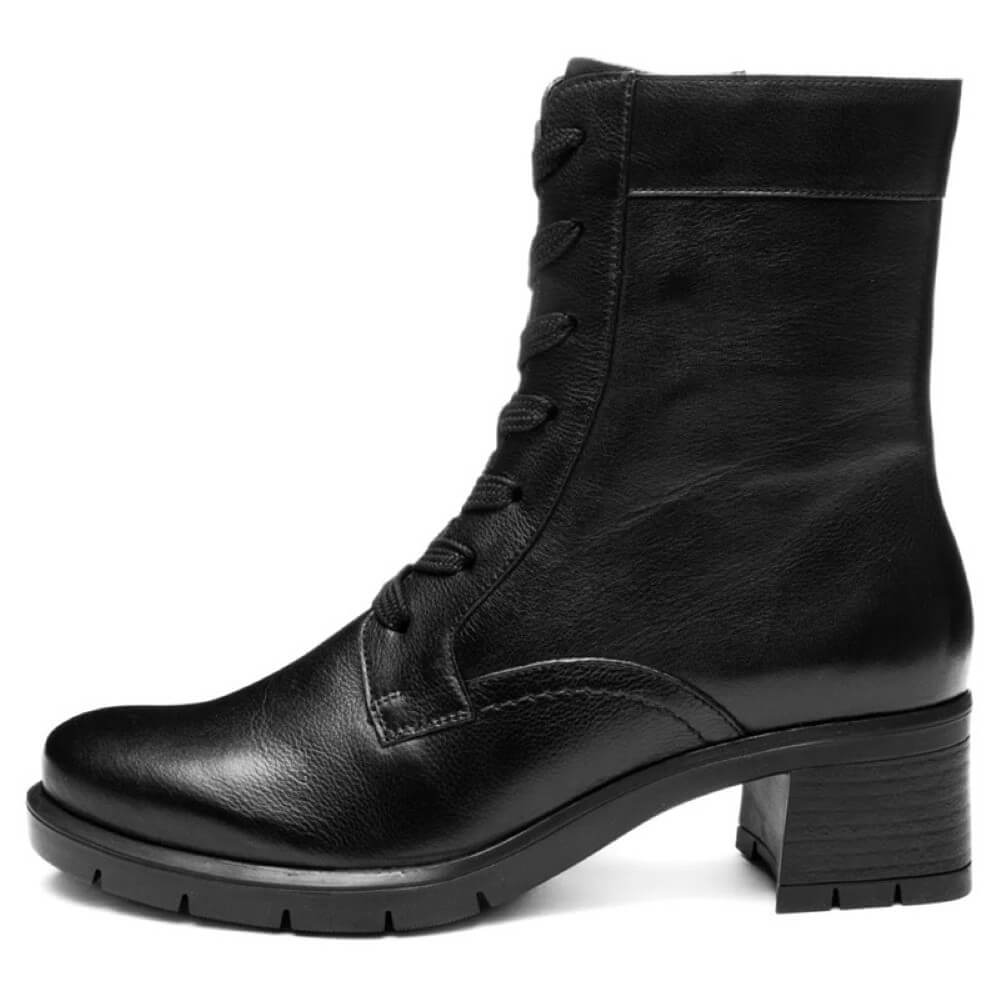 Black leather boot with a block heel on a white background