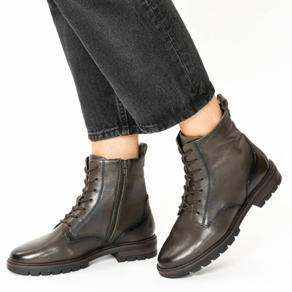 Dark green leather boots worn with black jeans Ara Cambridge Laced Leather Ankle Boots 12-11260 Forrest Green