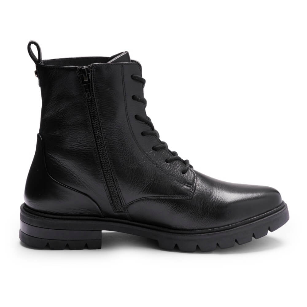 Black leather boot with a zipper on a white background Ara Cambridge Leather Laced Ankle Boots 12-11260 Black