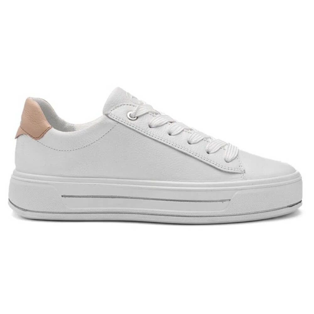 White sneaker with a light pink heel on a white background