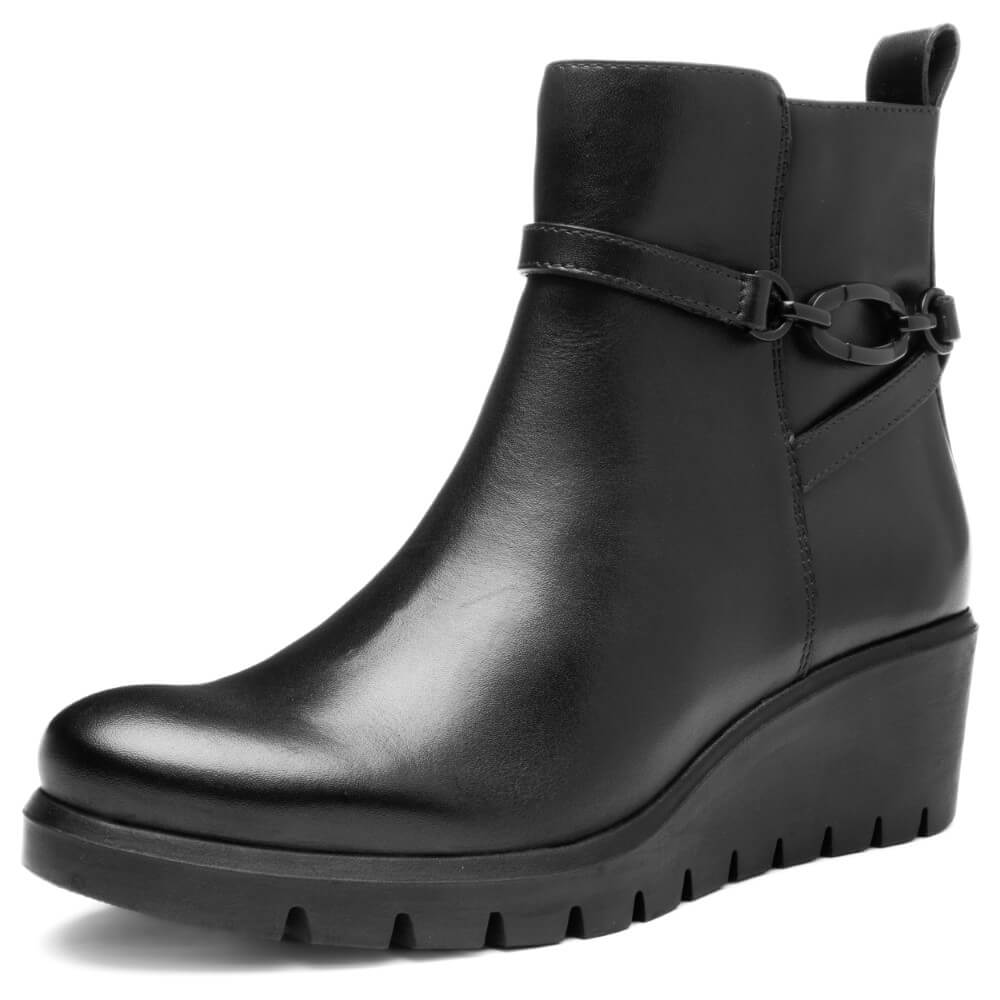 Black ankle boot with a wedge sole on a white background Ara Como Wedge Ankle Boots H-Fit 12-57002 Black