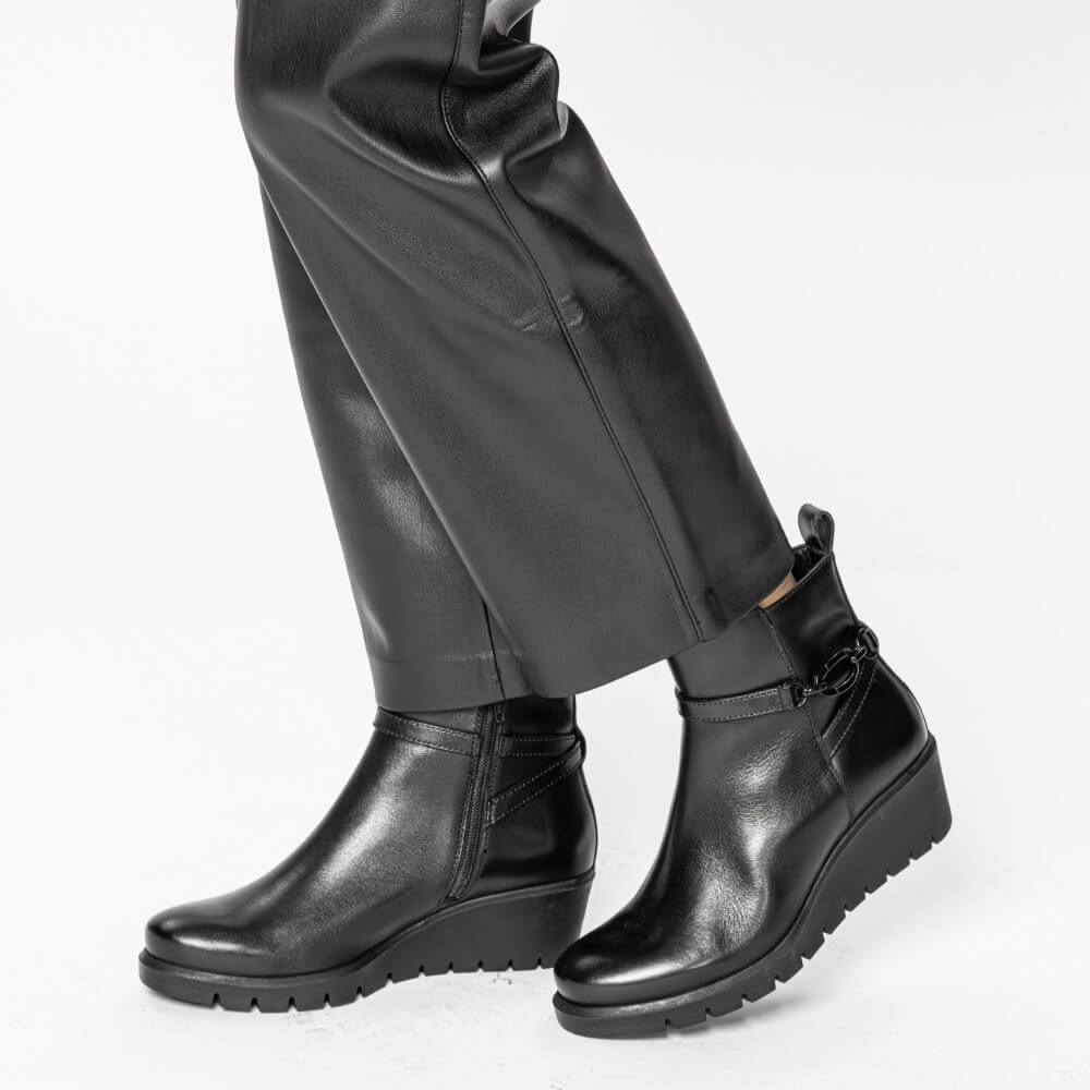 Black ankle boot with a wedge sole on a white background Ara Como Wedge Ankle Boots H-Fit 12-57002 Black