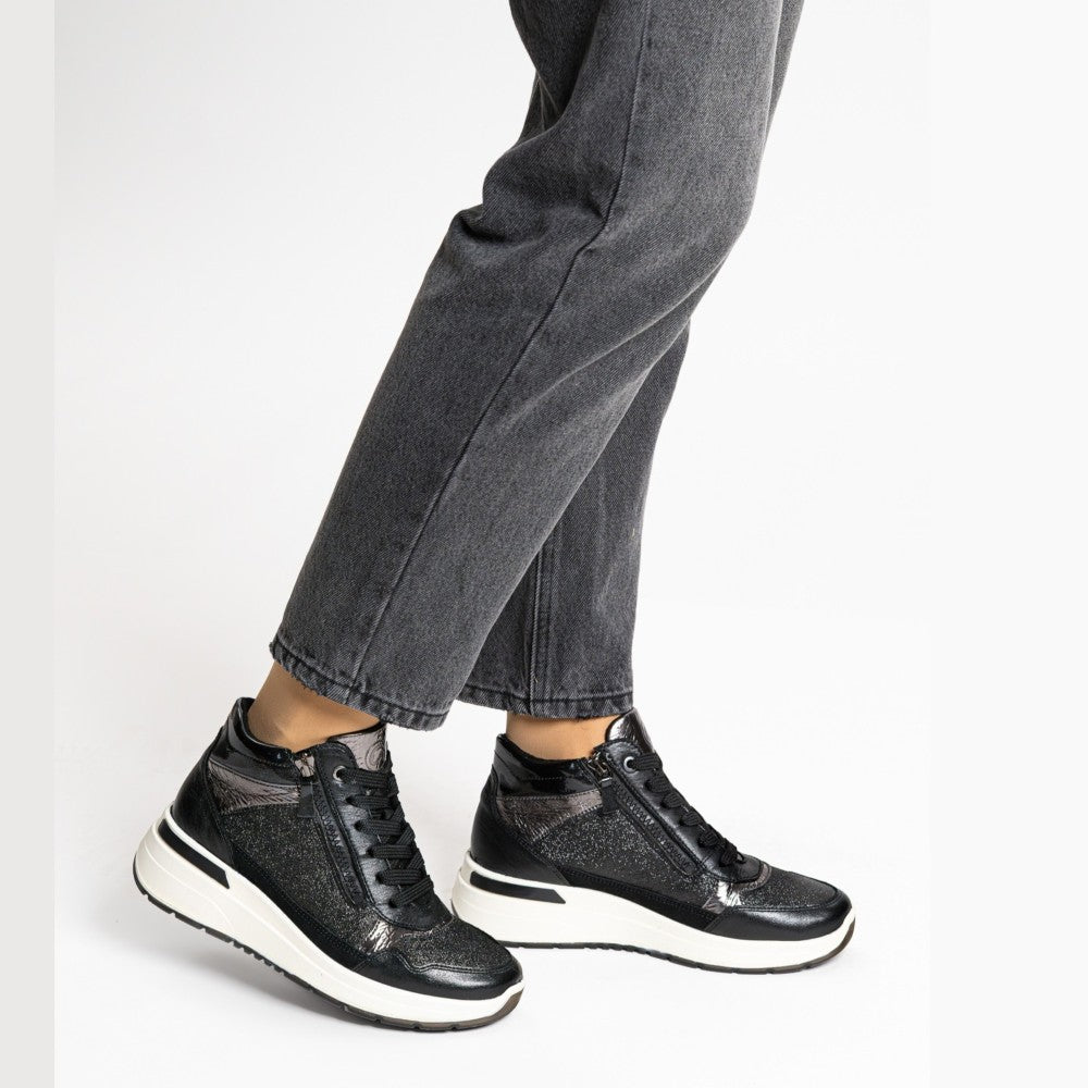Ara Black high-top sneaker with metallic accents, Ara Garda Hi-top Trainers Wide H-Fit 12-57703 Black