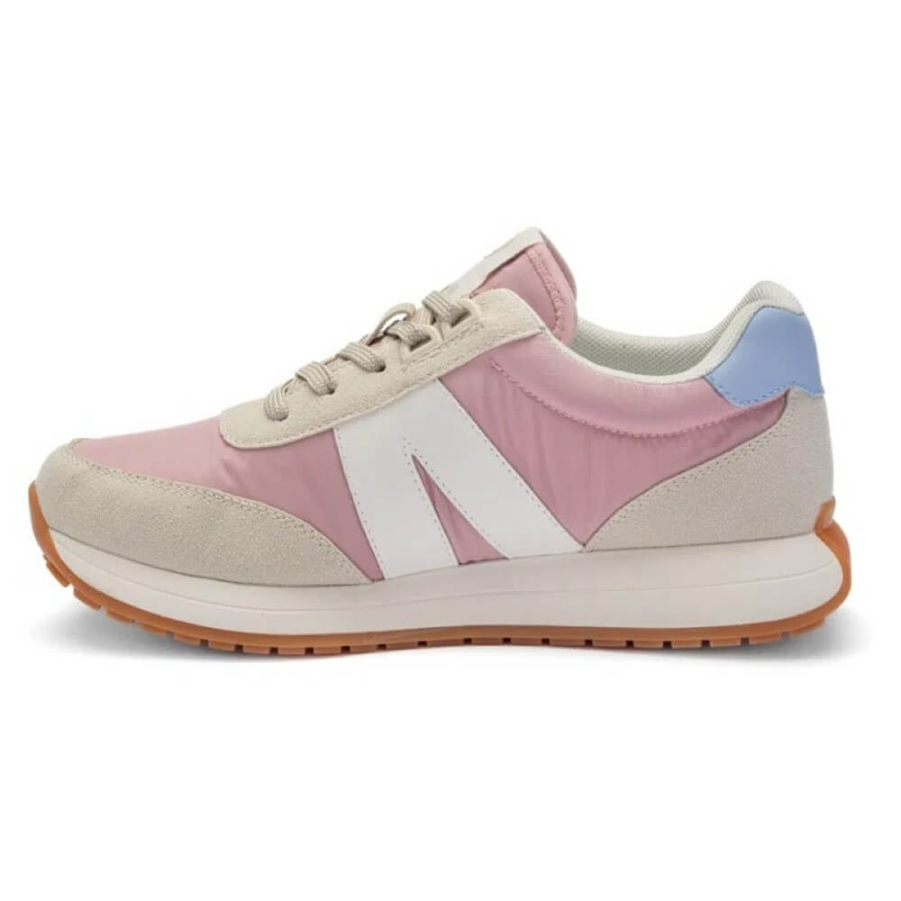 Multicolored sneaker with pink, beige, and blue design on a white background