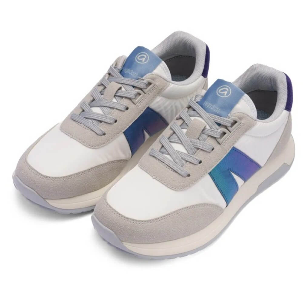 Pair of gray and white sneakers with blue accents on a white background