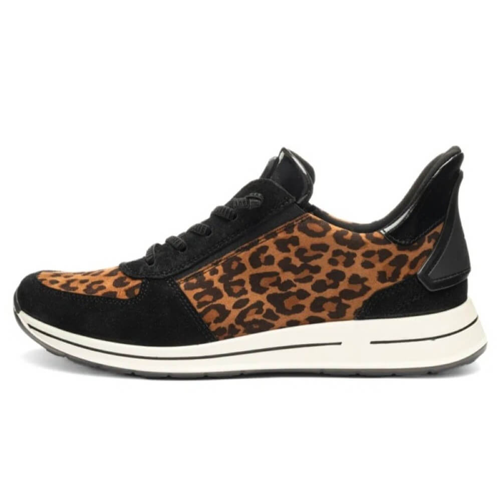 Black slip-on sneaker with leopard print pattern on a white background Ara Osaka 2 Easy2go slip-on 12-24836 Leopard Print
