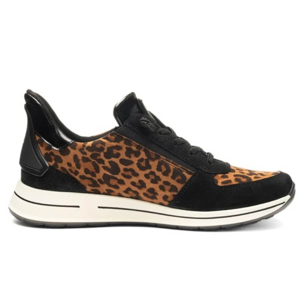 Black slip-on sneaker with leopard print pattern on a white background Ara Osaka 2 Easy2go slip-on 12-24836 Leopard Print