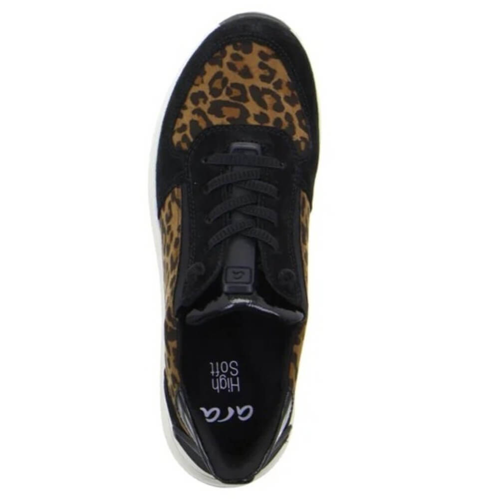 Black slip-on sneaker with leopard print pattern on a white background Ara Osaka 2 Easy2go slip-on 12-24836 Leopard Print