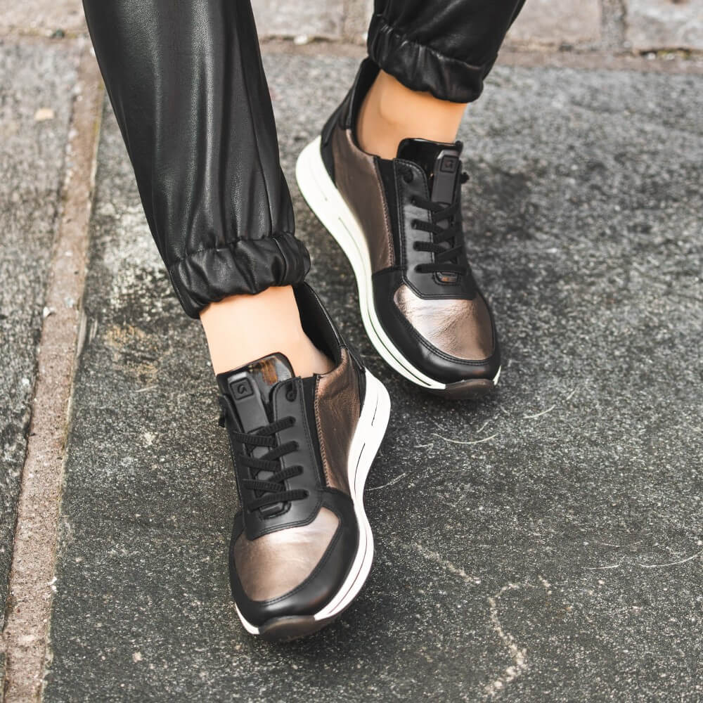ara Black and bronze sneaker with a white sole on a white background Ara Osaka 2 Easy2go slip-on 12-24836 Black Cashmere