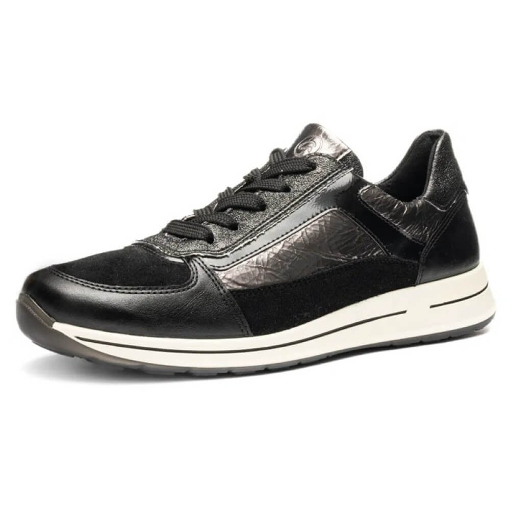 Black and silver grey sneaker on a white background Ara Osaka 2 Leather Trainers H-Fit 12-24826 Black