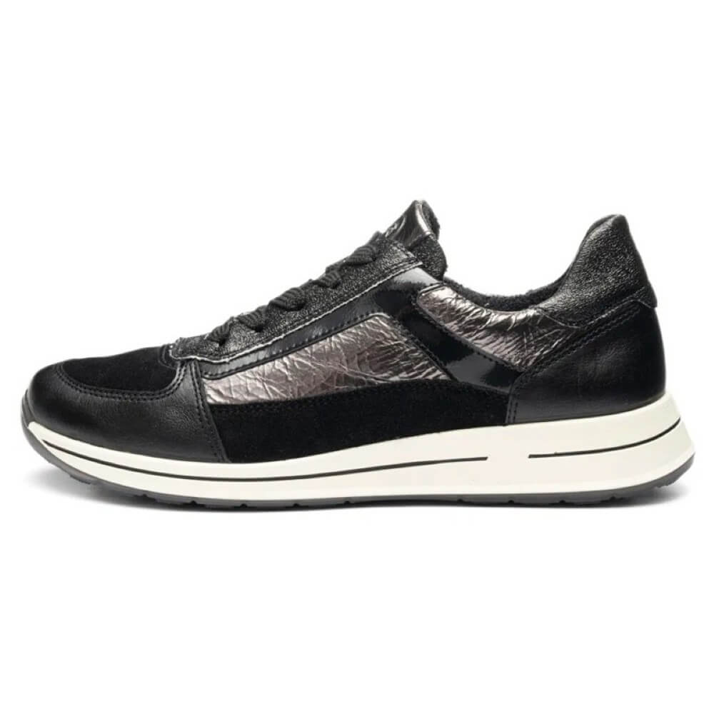 Black and silver sneaker on a white background Black and silver grey sneaker on a white background Ara Osaka 2 Leather Trainers H-Fit 12-24826 Black