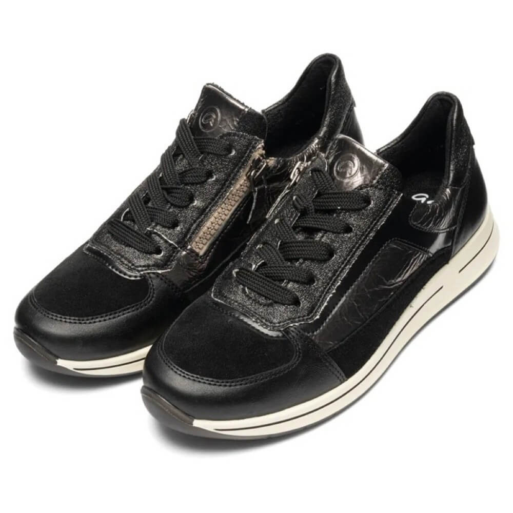 Black and silver grey sneaker on a white background Ara Osaka 2 Leather Trainers H-Fit 12-24826 Black