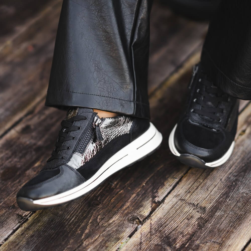 Black and silver grey sneaker on a white background Ara Osaka 2 Leather Trainers H-Fit 12-24826 Black