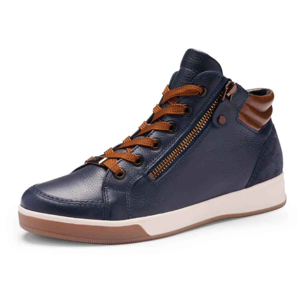 Ara Navy blue sneaker with brown accents on a white background Ara Rom Leather Ankle Boot 12-24499 Navy Brown
