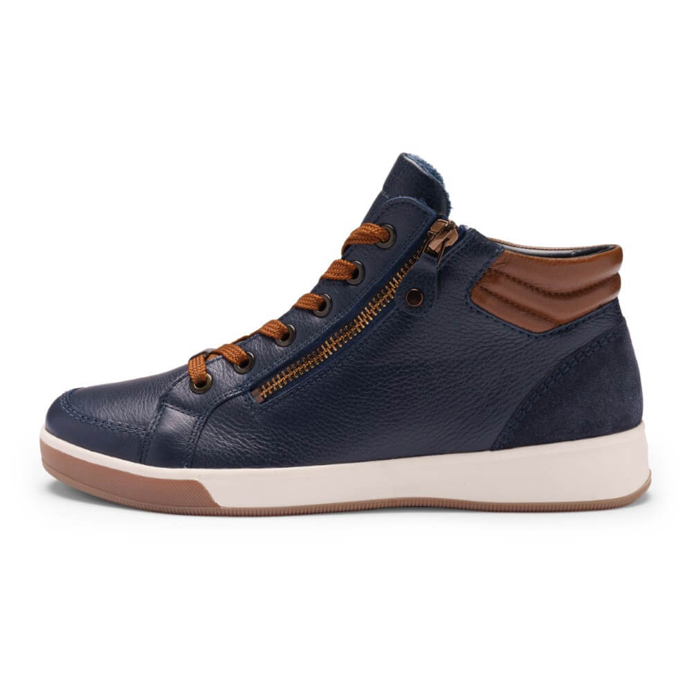 Navy high-top sneaker with brown accents on a white background Ara Rom Leather Ankle Boot 12-24499 Navy Brown