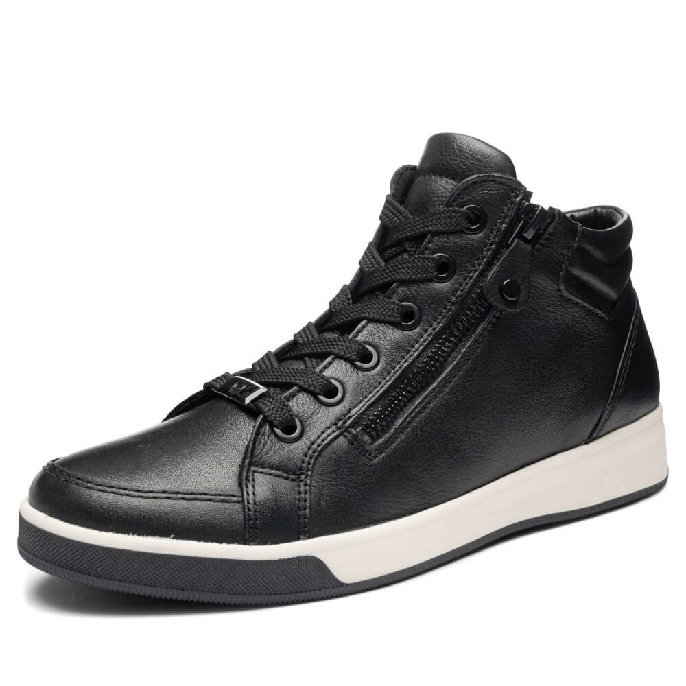 ara Black high-top sneaker with a white sole on a white background Ara Rom Leather Hi-top 12-44499 -BLACK