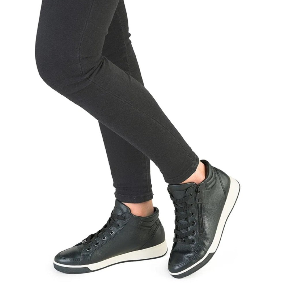 Black high-top sneakers worn with black pants on a white background Ara Rom Leather Hi-top 12-44499 -BLACK