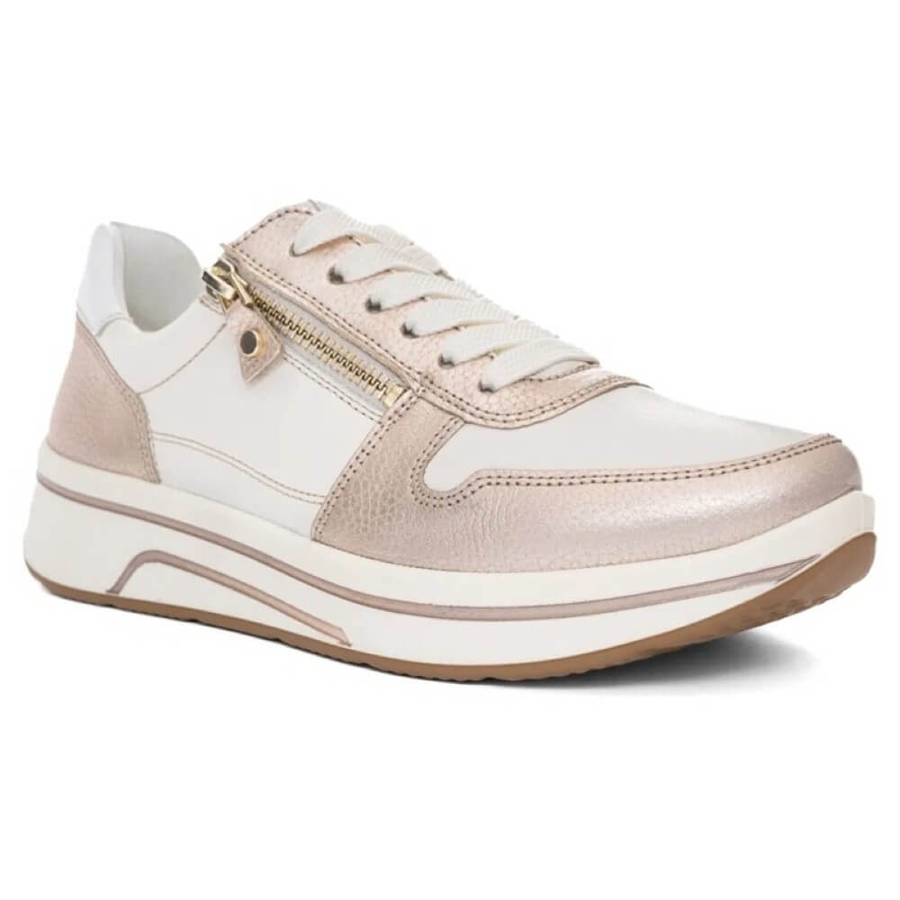 Beige and white sneaker with a gold zipper on a white background