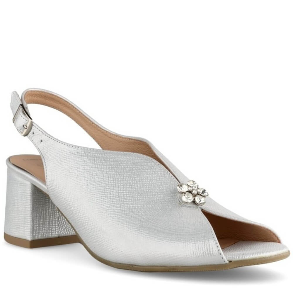 Silver sandal with a block heel on a white background