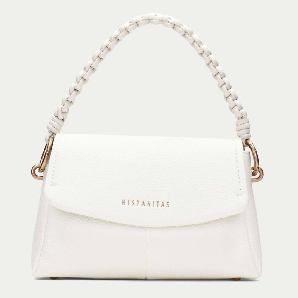 Hispanitas White handbag with beaded handle on a white background