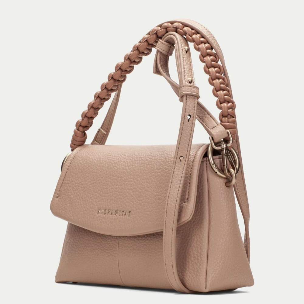 Hispanitas Beige handbag with braided handle on a light grey background