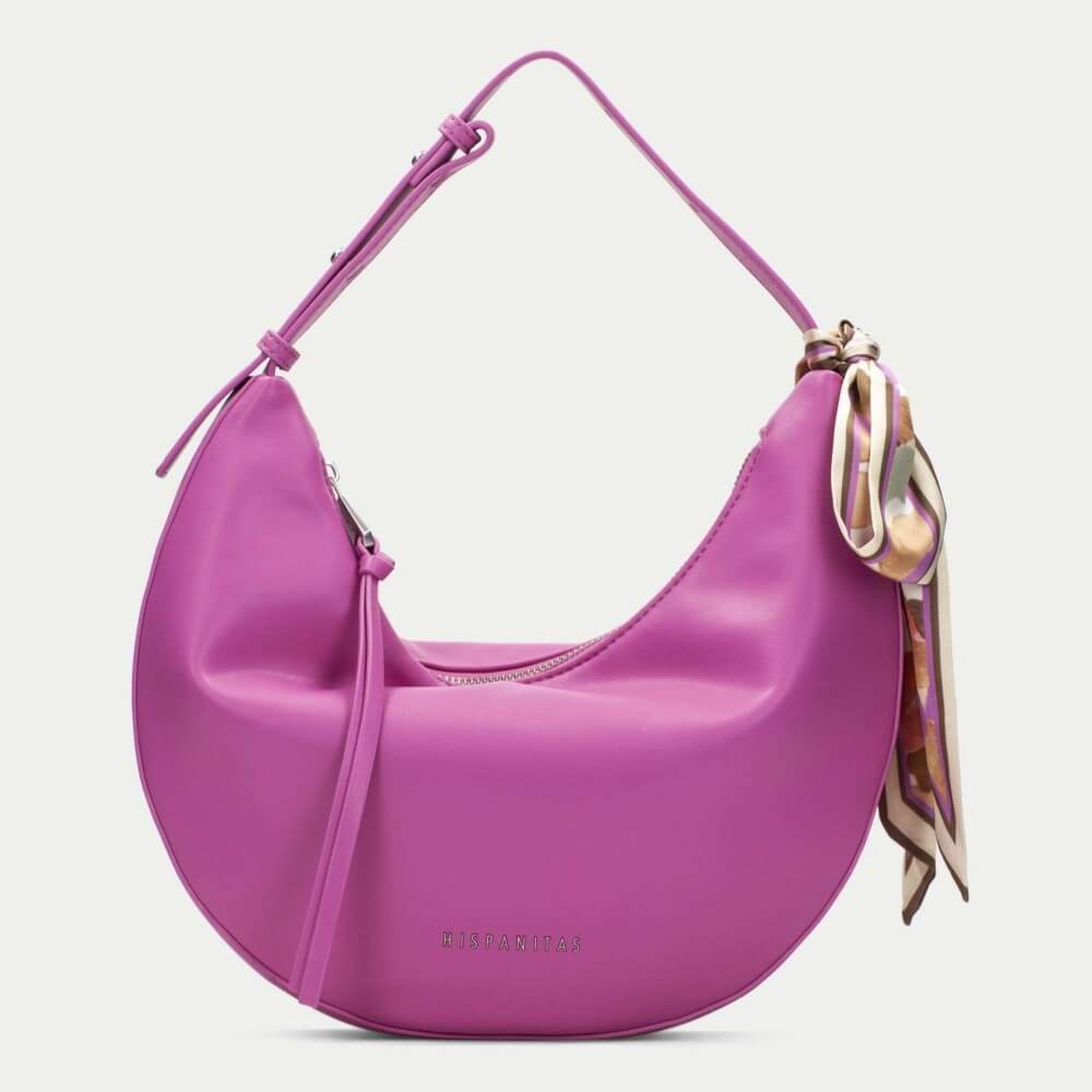 Hispanitas Pink handbag with a matching scarf on a light grey background