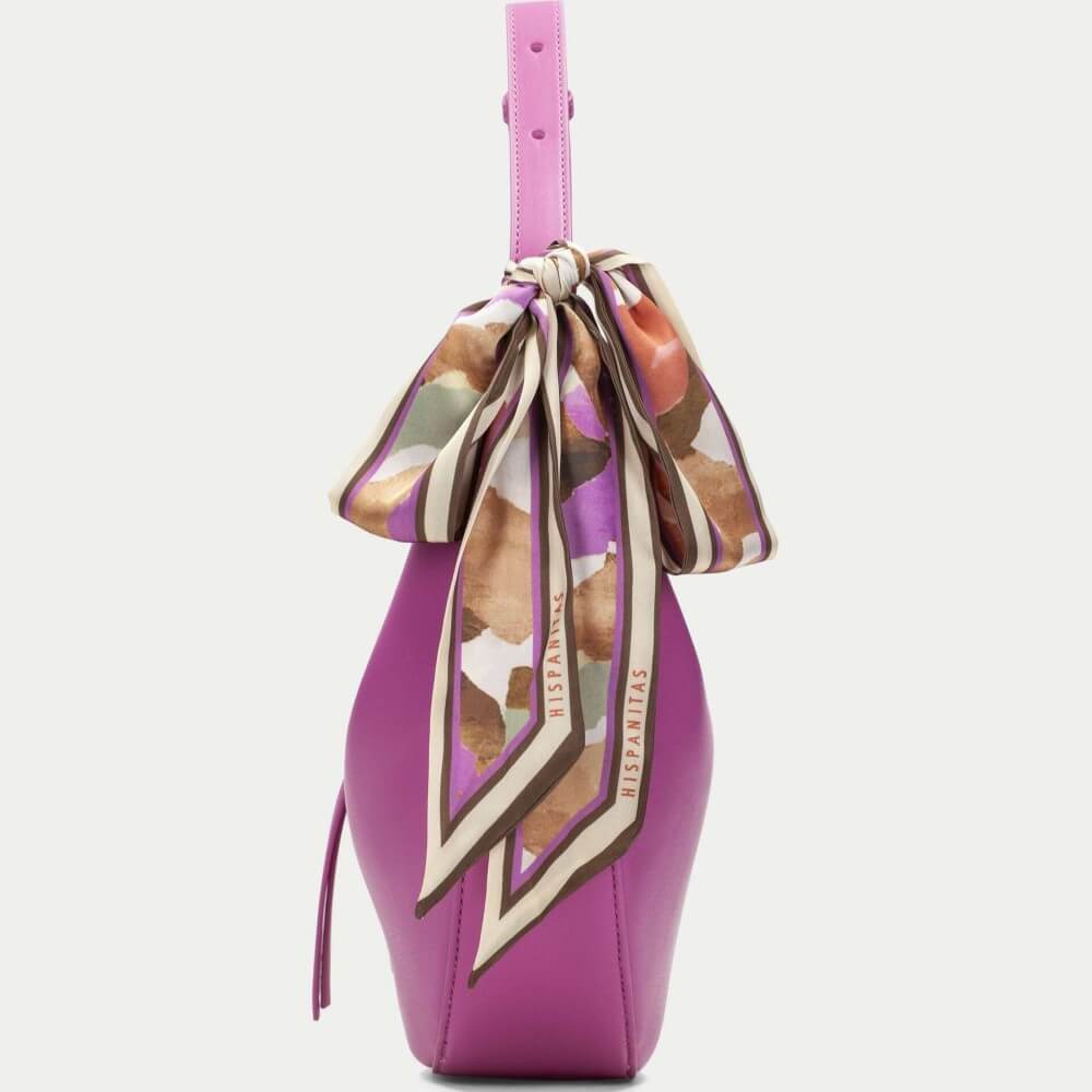Hispanitas Pink handbag with a matching scarf on a light grey background