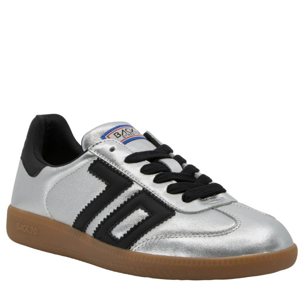Silver sneaker with black accents on a white background Back 70 Cloud NM Retro Sneakers Silver Black