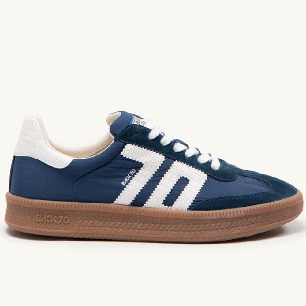 Back 70 Gents Navy blue and white sneaker with brown sole on a white background