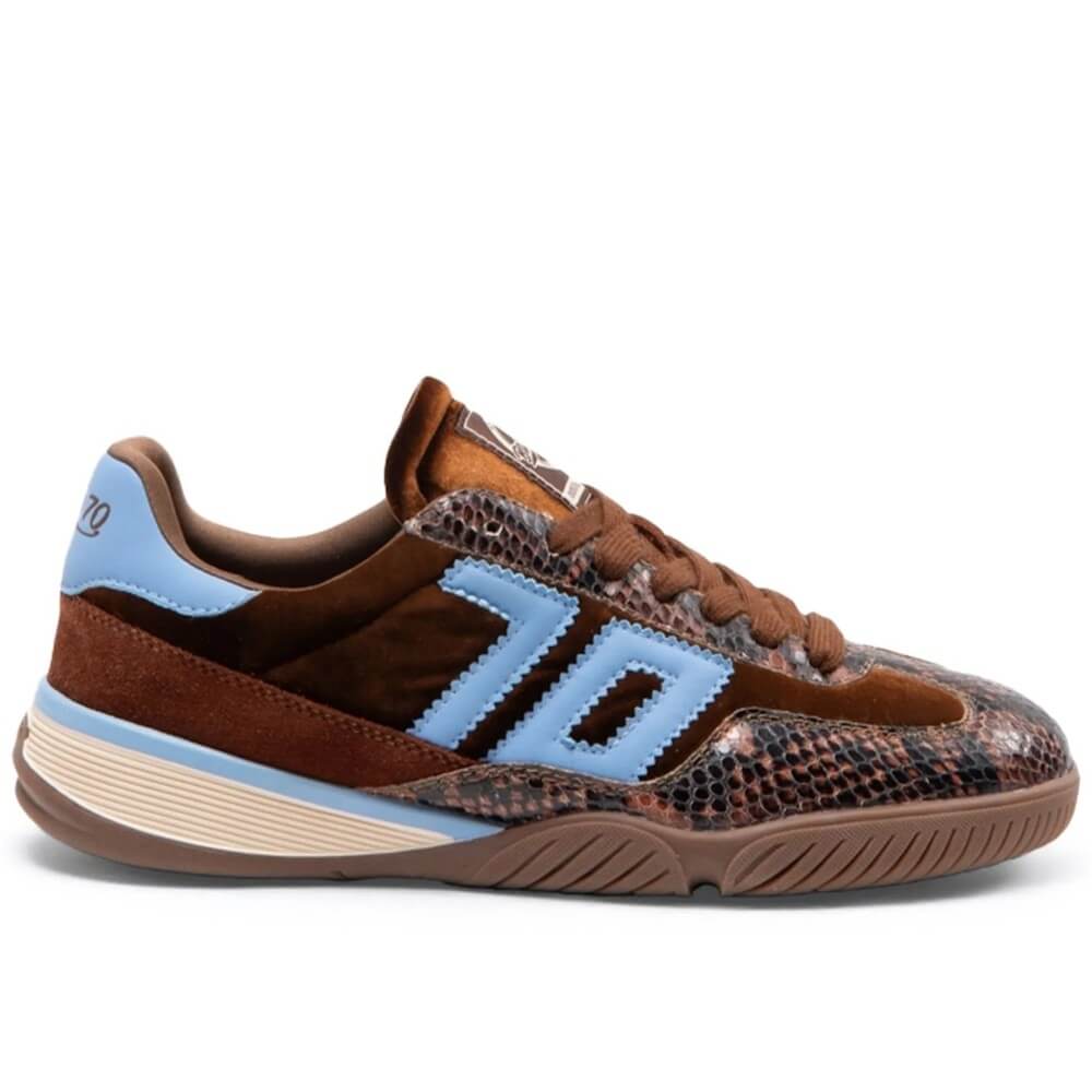  A Back 70 low-top sneaker featuring a mix of brown velvet, brown snakeskin-patterned leather, and light blue accents on the side stripes and heel tab, with a beige and brown midsole.
