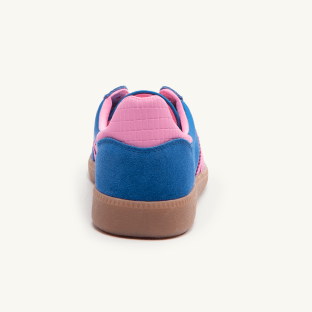 Back 70 Sapphire blue and pink trainers on a white background