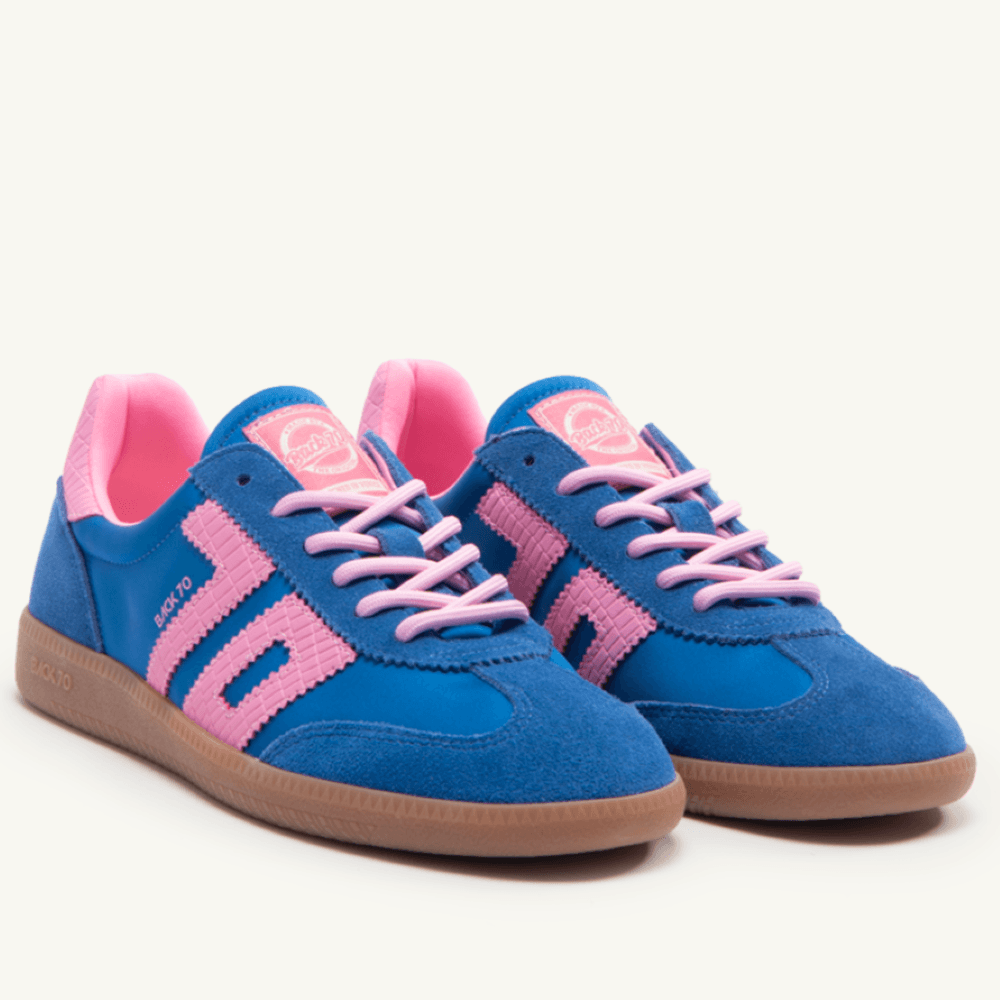 Back 70 Sapphire blue and pink trainers on a white background