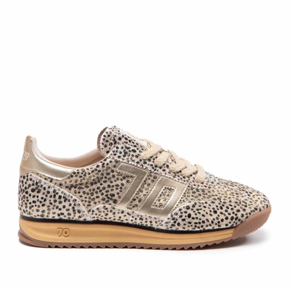 A single Back 70 vintage-style low-top sneaker featuring a beige and black leopard print upper, metallic gold '70' logo on the side, beige laces, and a gum-coloured sole.