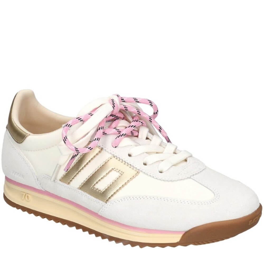 White sneaker with pink laces and brown sole on a white background
