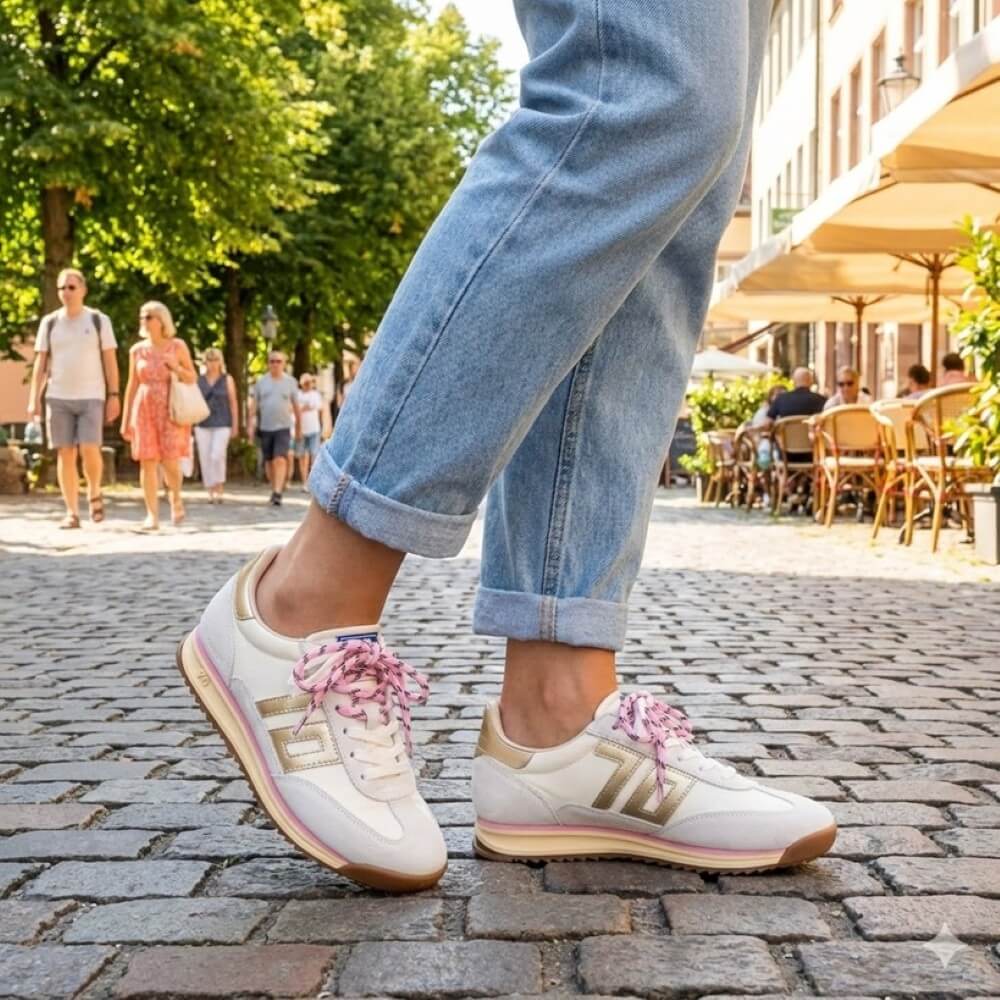 Person wearing white Back 70 sneakers with gold and pink accents on a street.