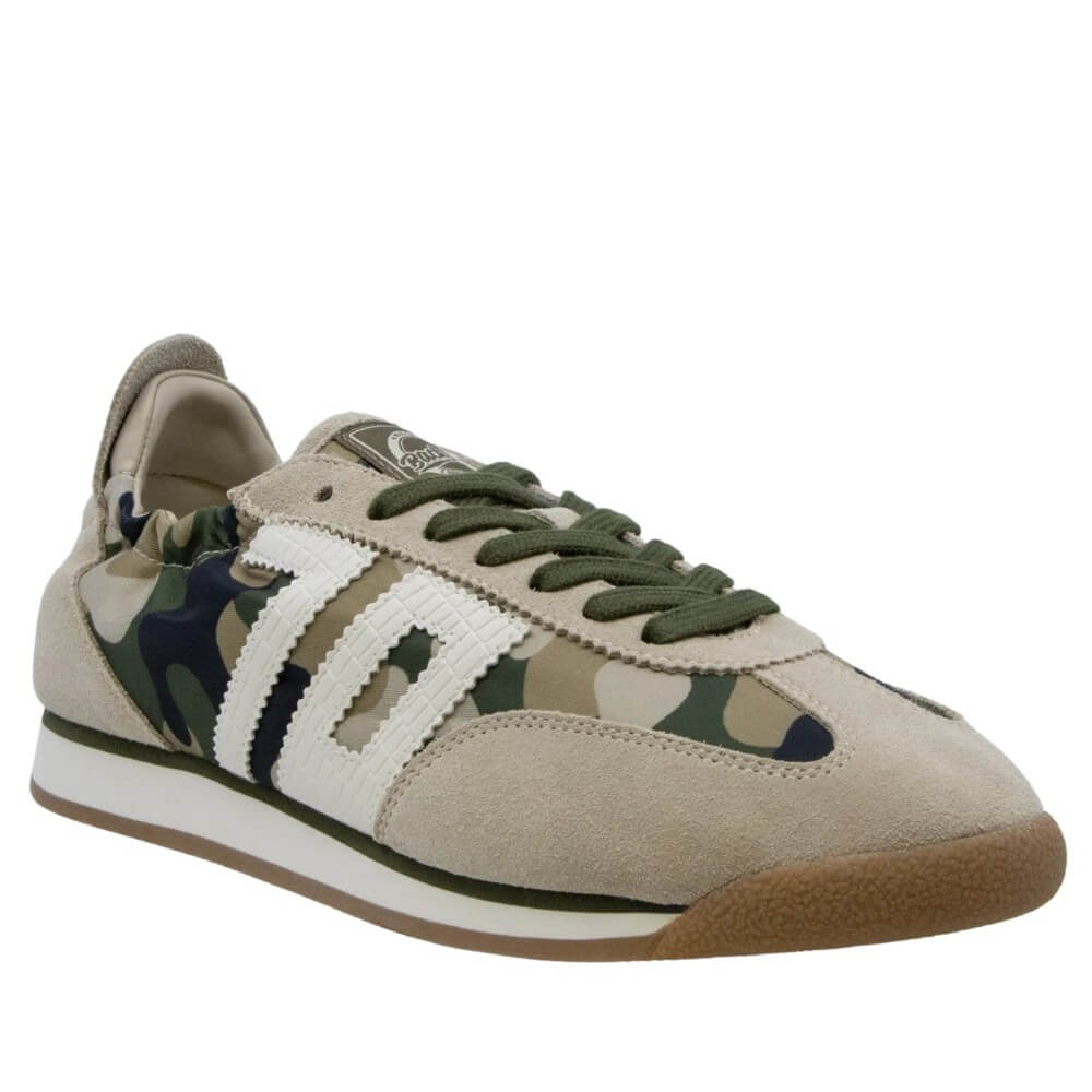 Back 70 Camouflage sneaker with white accents on a white background