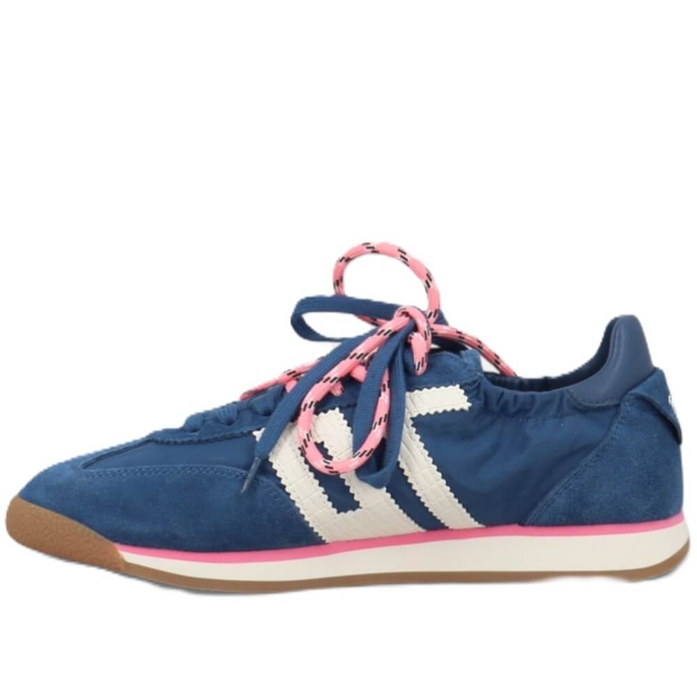 Blue sneaker with pink laces on a white background