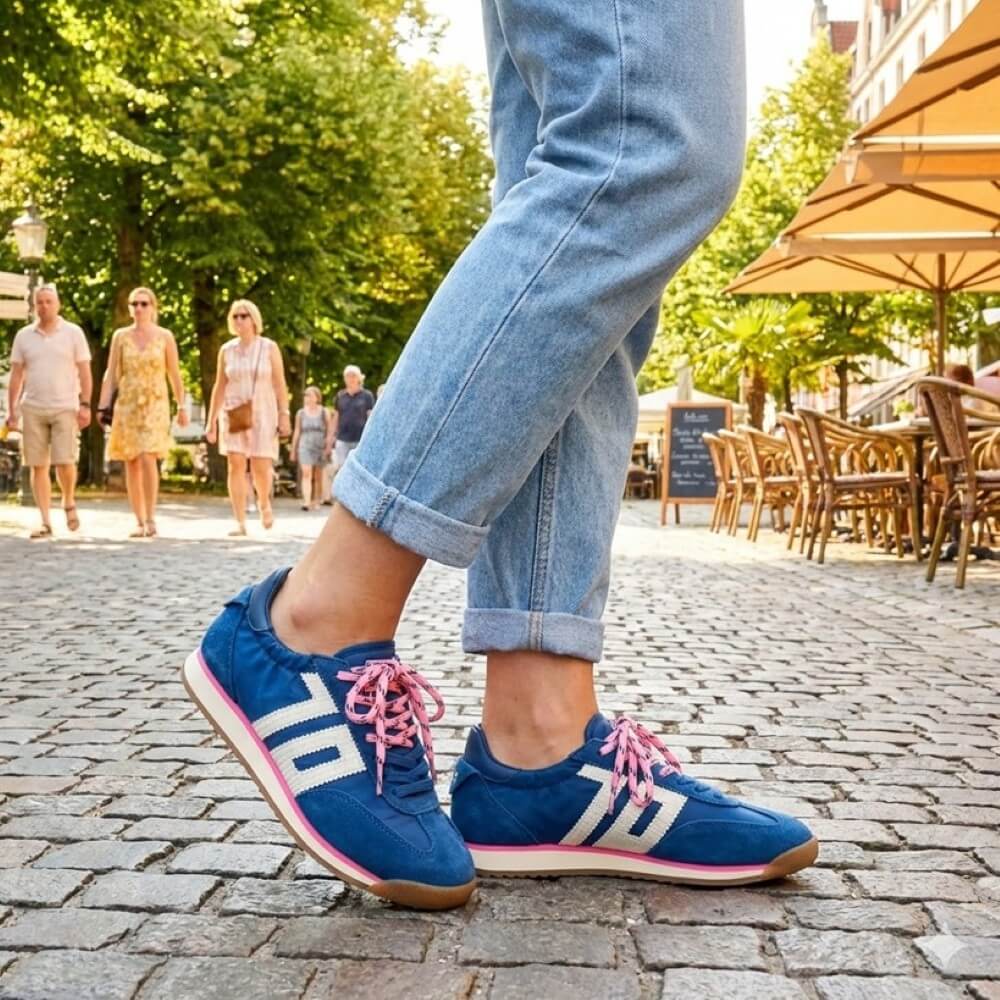Person wearing Back 70 blue sneakers with pink laces on a street with people and outdoor seating in the background.